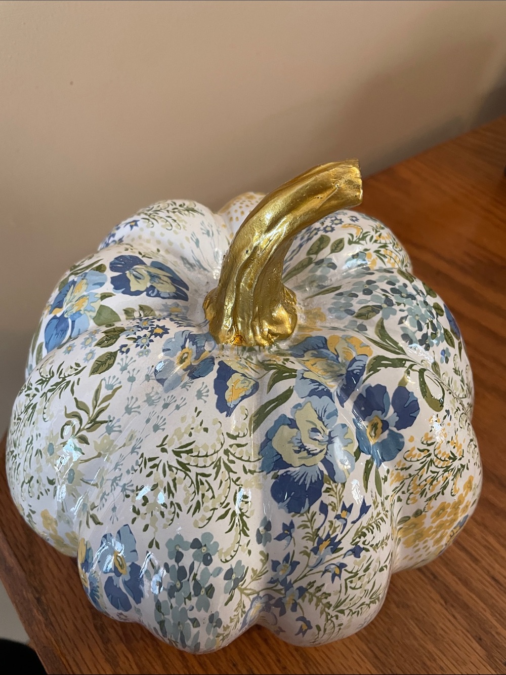 Decorative Floral White & Blue Pumpkin with Gold Stem - Home Accents - Picture 4 of 5